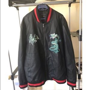 Black Leather Bomber Jacket with embroidery